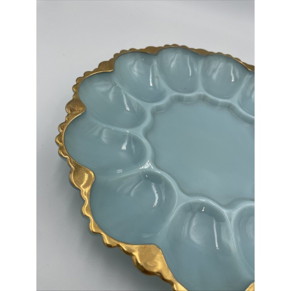 Vintage Anchor Hocking Delphite Blue Milk Glass Deviled Egg Plate Gold Trim 10” - Picture 2 of 6